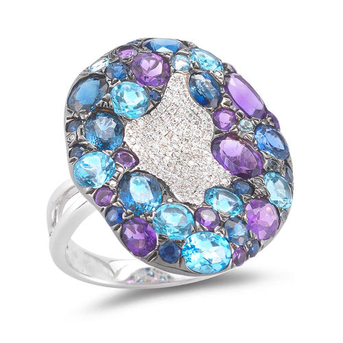 Puddle Ring <br>HF04618RWSAB <br> Diamond weight- .29  <br>Sapphire weight- 4.52  <br>Blue Topaz weight- 2.62 <br> Amethyst weight- .52