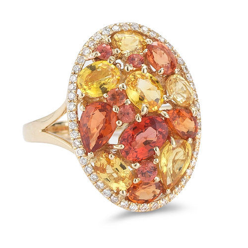 Citrus Grove Ring <br>HG04458RYOSYS  <br>Diamond weight- .20  <br>Yellow Sapphire weight- 2.00  <br>Orange Sapphire weight- 1.92