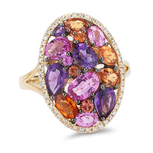 HG04458RBYAMO  <br>Diamond weight- .20 <br> Pink Sapphire weight- 1.46 <br> Orange Sapphire weight- 1.30  <br>Amethyst weight- 1.10